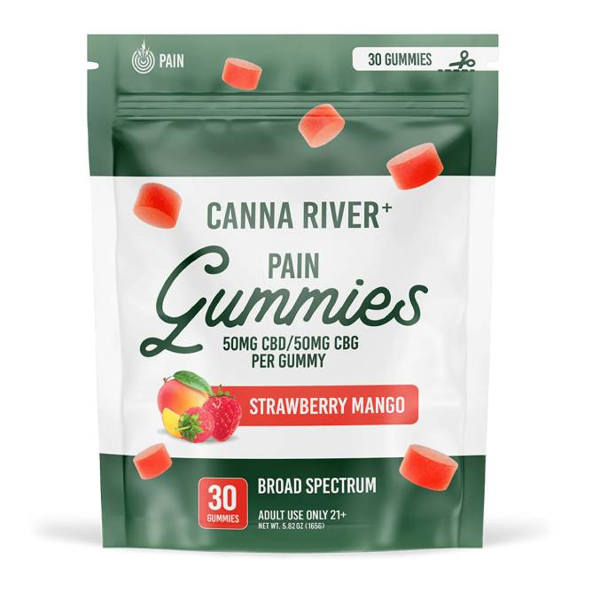 Image of a green and white package of Canna River Broad Spectrum CBD Pain Gummies. The text reads 50mg CBD/50mg CBG per gummy, strawberry mango flavor. There are 30 gummies, and it states adult use only, 21+. The package displays images of strawberries and mangoes.