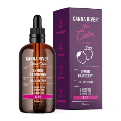 A dropper bottle labeled Canna River Ultra Calm Lemon Raspberry stands beside its matching box. The CBD Ultra Calm Tincture details include 15,000mg CBD, 2,500mg CBN, and 2,500mg CBG in a soothing Lemon Raspberry flavor with a 6:1:1 ratio and Exceptional Pricing noted.