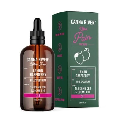 Canna River Full Spectrum CBD Ultra Pain Tincture 15000mg 120mL A bottle and box of Canna River Ultra Pain Tincture, featuring full spectrum CBD in a refreshing lemon raspberry flavor. With 15,000mg CBD and 5,000mg CBG, the label proudly displays icons for lab tested, vegan, and made in the USA. The amber bottle is paired with a sleek black dropper.