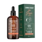 A bottle of Canna River Ultra Pain tincture, featuring a delightful mango peach flavor, is showcased beside its green box packaging. The label highlights a potent blend of 15,000mg Full Spectrum CBD and 5,000mg CBG in a 3:1 ratio, complete with an easy-to-use dropper cap.