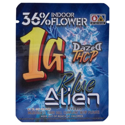 The Dazed THCP Premium Indoor Cannabis Flower 1g -(Blue Alien) package highlights 36% Indoor Cannabis Flower with safety warnings, indicating its not for kids. It features a captivating blue cosmic design.