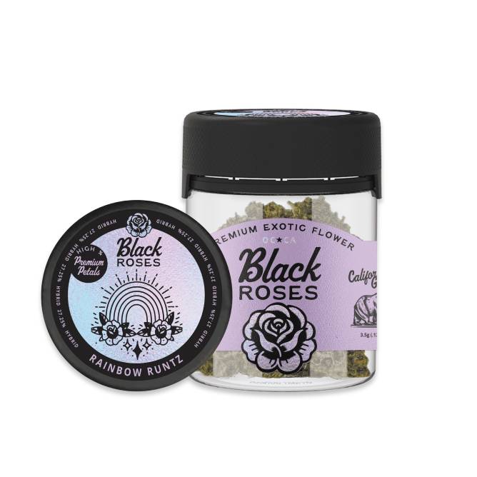 A jar of THCa Flower labeled Black Roses cannabis with a black lid. The label features a rose illustration and the text Premium Exotic Flower alongside Rainbow Runtz. A matching lid placed in front displays a rainbow and rose design.