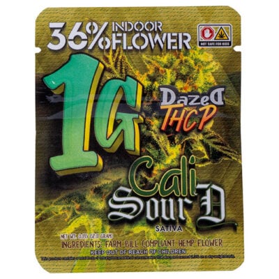 The packet, labeled 36% Indoor Cannabis Flower, 1G, Dazed THCP Blue Alien, warns to keep out of childrens reach and features a green and yellow leafy design.