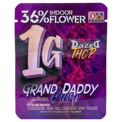 The Dazed THCP Premium Indoor Cannabis Flower 1G (Blue Alien) boasts eye-catching purple packaging and an impressive 36% content. Warning: Not safe for kids. It includes farm bill compliant hemp flower and a hint of Blue Alien allure, making it a must-have for enthusiasts.