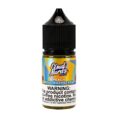 A small bottle of Cloud Nurdz vape juice labeled Peach Blue Razz boasts a flavor blend of succulent peach and tangy blue raspberry. The 30mL bottle, with a black cap, showcases a vibrant yellow, blue, and orange design. A clear warning about its 50mg nicotine content is on the label.