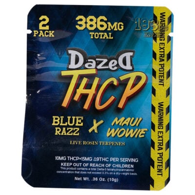 The Dazed THCP Gummies 386mg 2 pc packaging highlights bold Blue Razz x Maui Wowie flavors, with 2 Pack and 386mg total. Each serving features a potent mix of 10mg THCP and 15mg Δ9THC for an elevated experience.