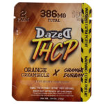 The Dazed THCP Gummies 386mg 2 pc package includes two potent gummies in Orange Creamsicle and Orange Durban flavors, providing 193mg each. Keep them out of reach of children. Net weight: .36 oz (10g).