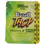 The vibrant packaging of Dazed THCP Gummies 386mg 2 pc features Pineapple x Pineapple Express, with crucial warnings and serving details clearly displayed.