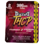 The Dazed THCP Gummies 386mg 2 pc packaging highlights 386 MG Total and the alluring Strawberry x Strawberry Cough flavor. Featuring a vibrant red and purple design, it warns of its potency with 10MG THCP + 15MG Δ9THC per serving and advises keeping it out of childrens reach.