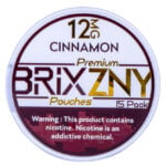 Circular tin labeled 12MG Cinnamon Premium BRIXZNY Nicotine Pouches 15 Pack. Warning text at the bottom reads, This product contains nicotine. Nicotine is an addictive chemical. Now enjoy a hint of peppermint for a refreshing twist on your experience.