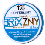 Round container labeled BRIXZNY Nicotine Pouches with Peppermint and 12mg prominently displayed at the top. The blue and white design includes a warning about nicotine being addictive. Contains 15 pouches for a refreshing kick.