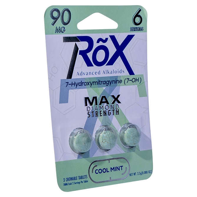 The packaging for 7RõX 7Hydroxy Tablets offers a rave-worthy Purlyf Kratom option with three 30 mg Max Diamond Strength chewable tablets in Cool Mint flavor, featuring 7-Hydroxymitragynine (7-OH) and providing six servings for an unmatched experience.