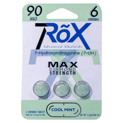 The 7RõX 30mg tablets, labeled Max Diamond Strength and Cool Mint, contain 3 Purlyf Kratom chewable tablets totaling 6 servings. The clear packaging showcases these sought-after tablets.