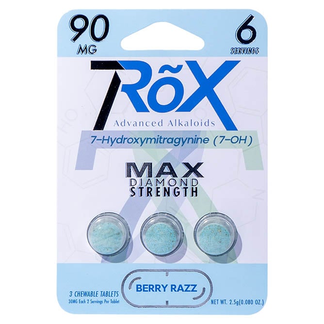 Discover the power of 7RõX 7Hydroxy Tablets in Berry Razz flavor: three chewable kratom tablets, each with 30 mg of 7-Hydroxymitragynine, totaling six servings. The sleek white pack with blue and grey text radiates modern elegance and MAX Diamond Strength.