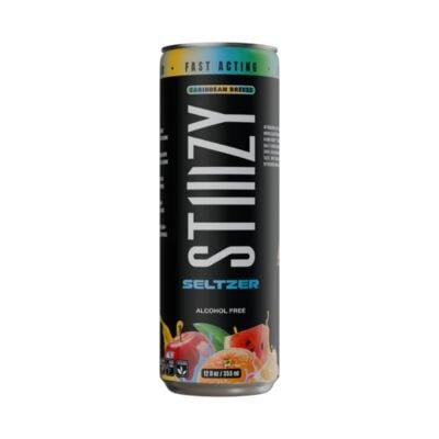 Tall black can of STIIIZY Hemp Seltzer in the Caribbean Breeze flavor, 12 fl oz, prominently marked alcohol free. Adorned with colorful fruit images and a label boasting fast acting effects.