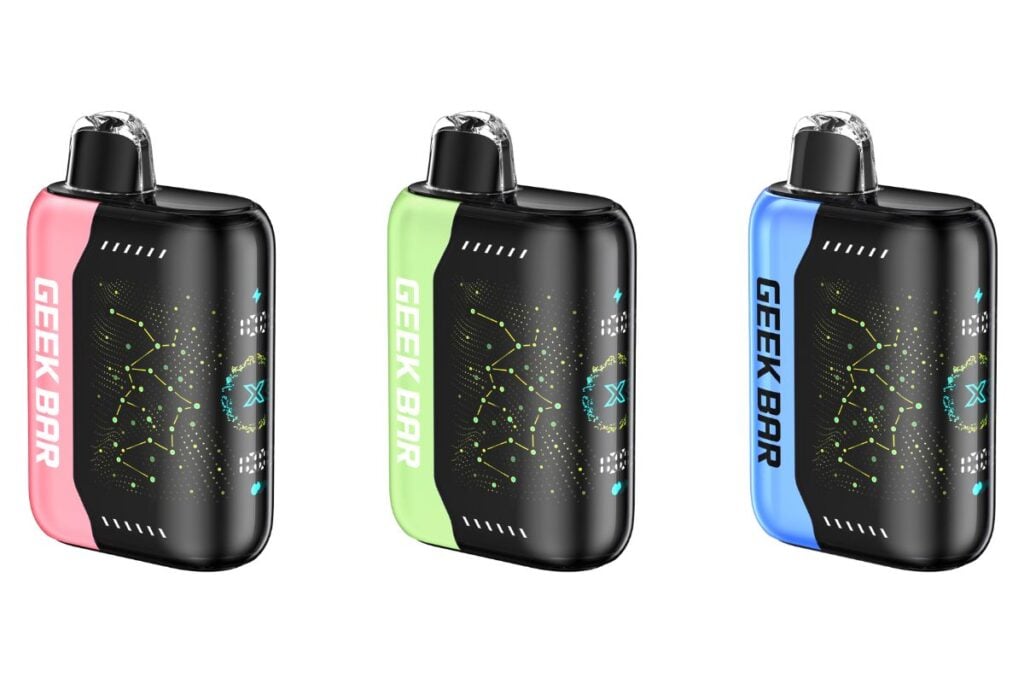 Three vibrant GEEK BAR devices labeled PULSE X are displayed side by side, each showcasing an LED display with circuit-like designs. The sleek black models with neon accents—pink, green, and blue—promise exciting flavors to explore.