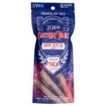 A blue Smokin Tenns 3-Pack THCa Pre-Roll 2g package contains three cigars, each with Berry Blue OG Indica and 33% THCA. It highlights premium handmade quality and advises keeping out of childrens reach.