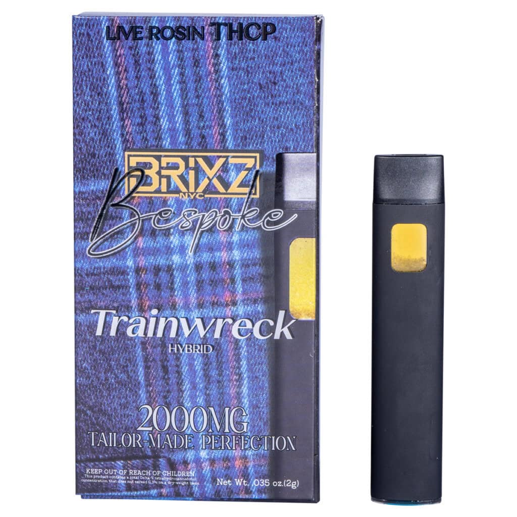 The image showcases a BRIXZ NYC Bespoke THCP Disposable 2g vape package with a blue plaid design, featuring the text 2000MG Tailor Made Perfection and Live Rosin | THCP, accompanied by a black disposable vape pen with a yellow window.