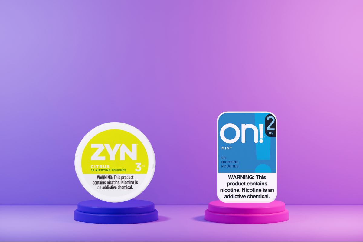 Zyn nicotine pouch on the left side and on nicotine pouch on the right side of the image