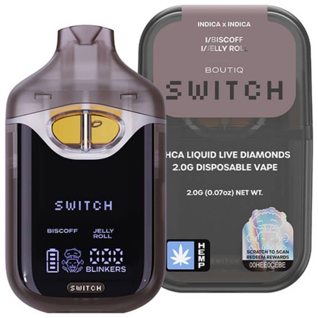 Boutiq Switch V4 THCa Liquid Diamond Disposable 2g Biscoff (Indica) × Jelly Roll (Indica)
