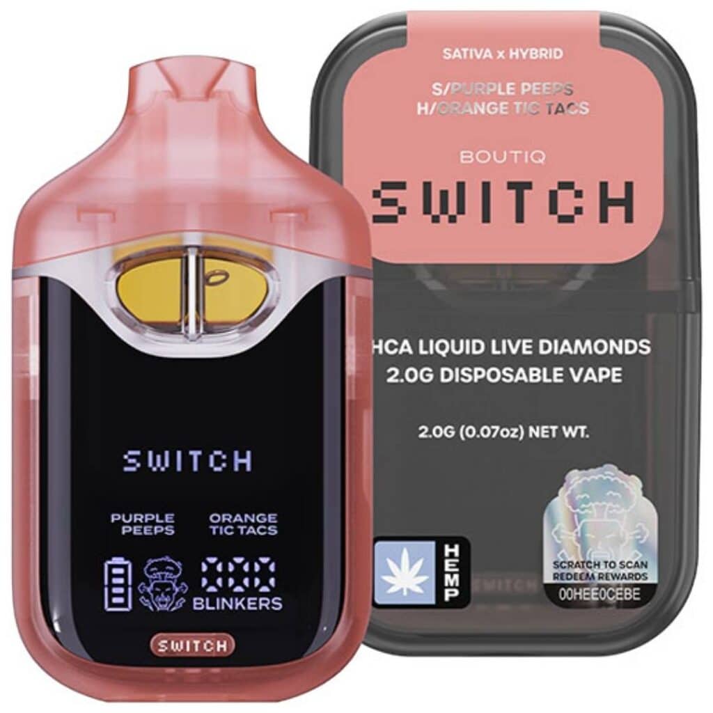 Boutiq Switch V4 THCa Liquid Diamond Disposable 2g Purple Peeps (Sativa) × Orange Tic Tacs (Hybrid)
