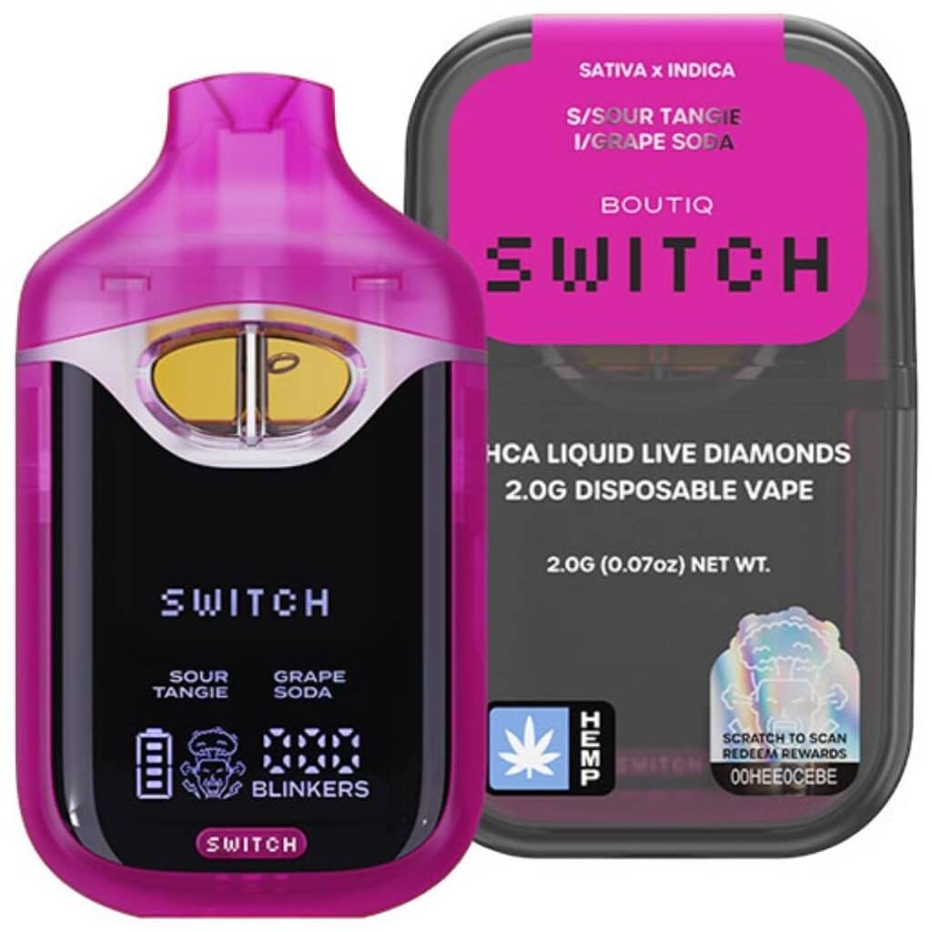 Boutiq Switch V4 THCa Liquid Diamond Disposable 2g Sour Tangie (Sativa) × Grape Soda (Indica)