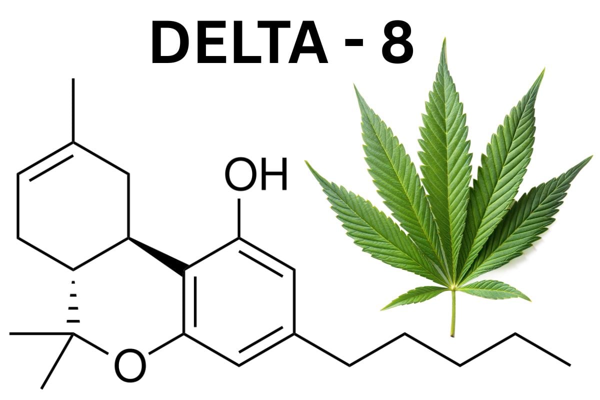The image shows the chemical structure of Delta-8 along with a cannabis leaf