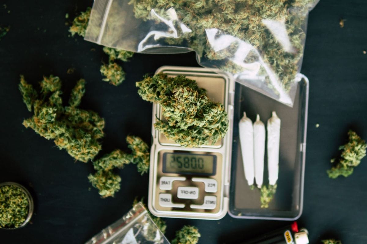 A person is weighing a cannabis flower and a THC blunt on a small weighing scale