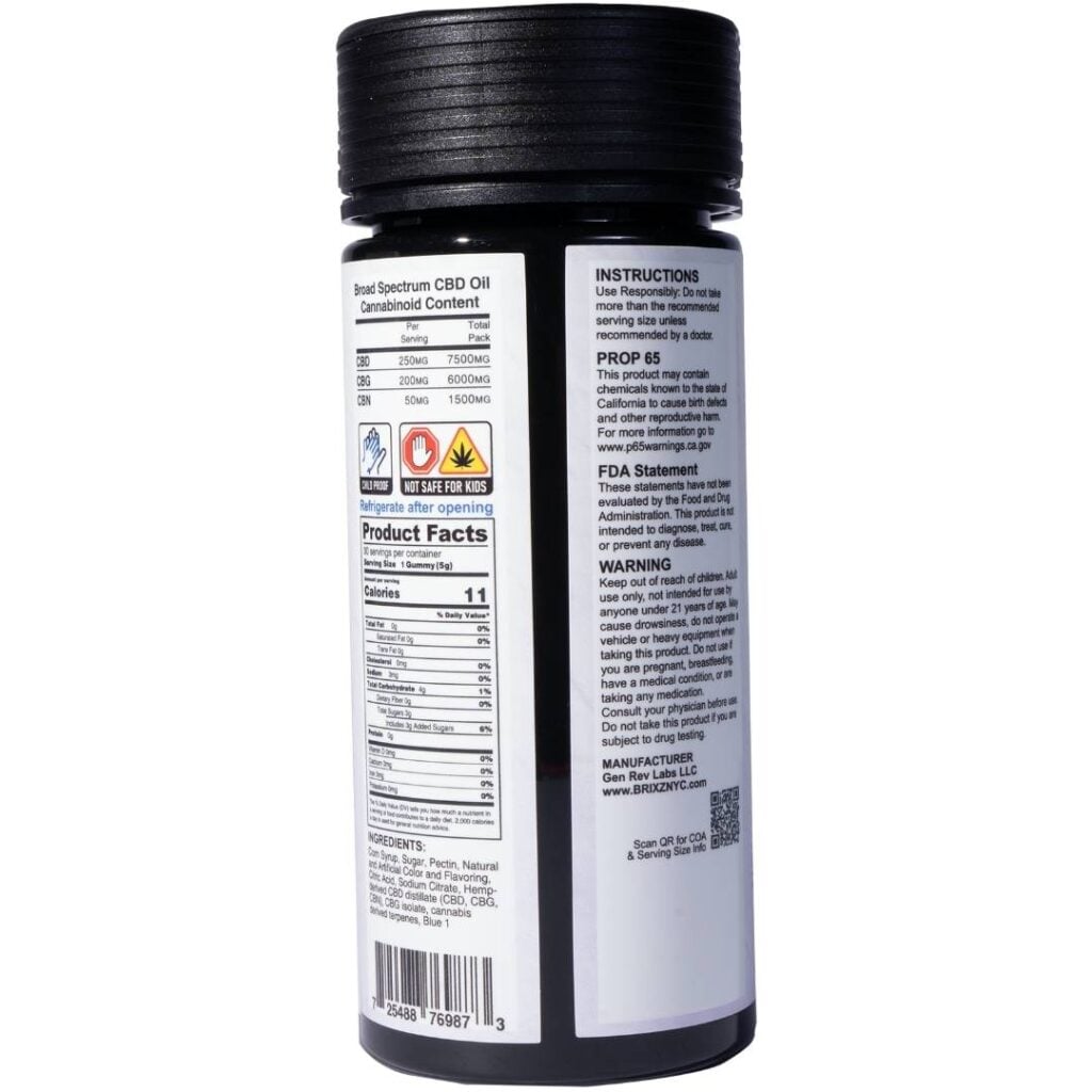 BRIXZ CBD+ LIVE Gummy 500mg 30pk Back Image