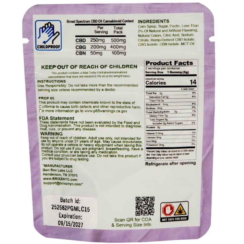 The back side image of BRIXZ CBD+ LIVE Gummy 500mg 2pk