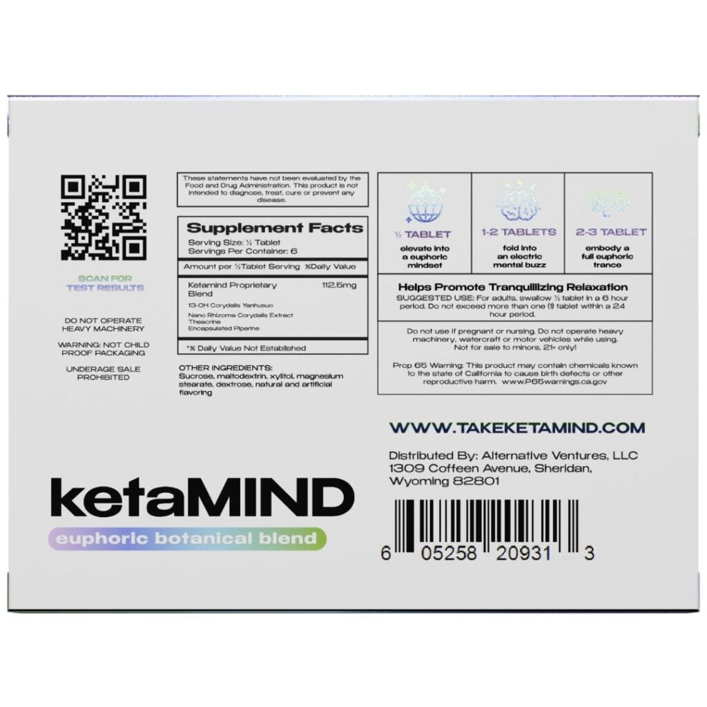Back side image of ketaMIND Euphoric Botanical Blend 675 mg Tablets (3 ct)