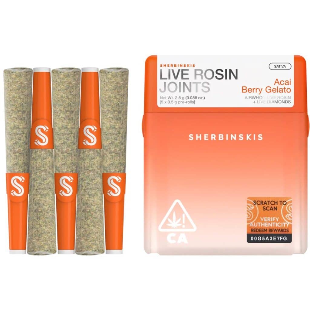 Sherbinskis THCa Live Rosin Infused Prerolls 2.5g 5ct Acai Berry Gelato (F) + Airwhon (R) – Sativa