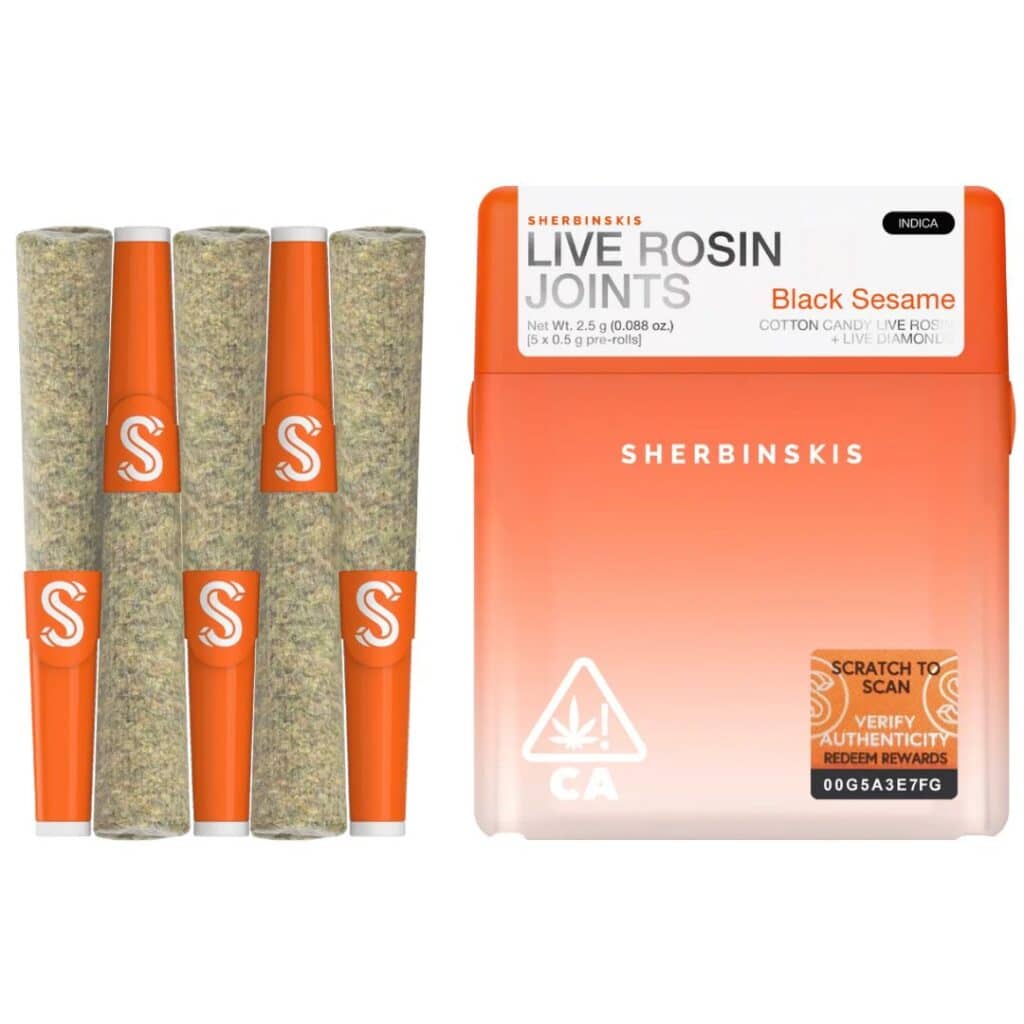 Sherbinskis THCa Live Rosin Infused Prerolls 2.5g 5ct Black Sesame (F) + Cotton Candy (R) – Indica