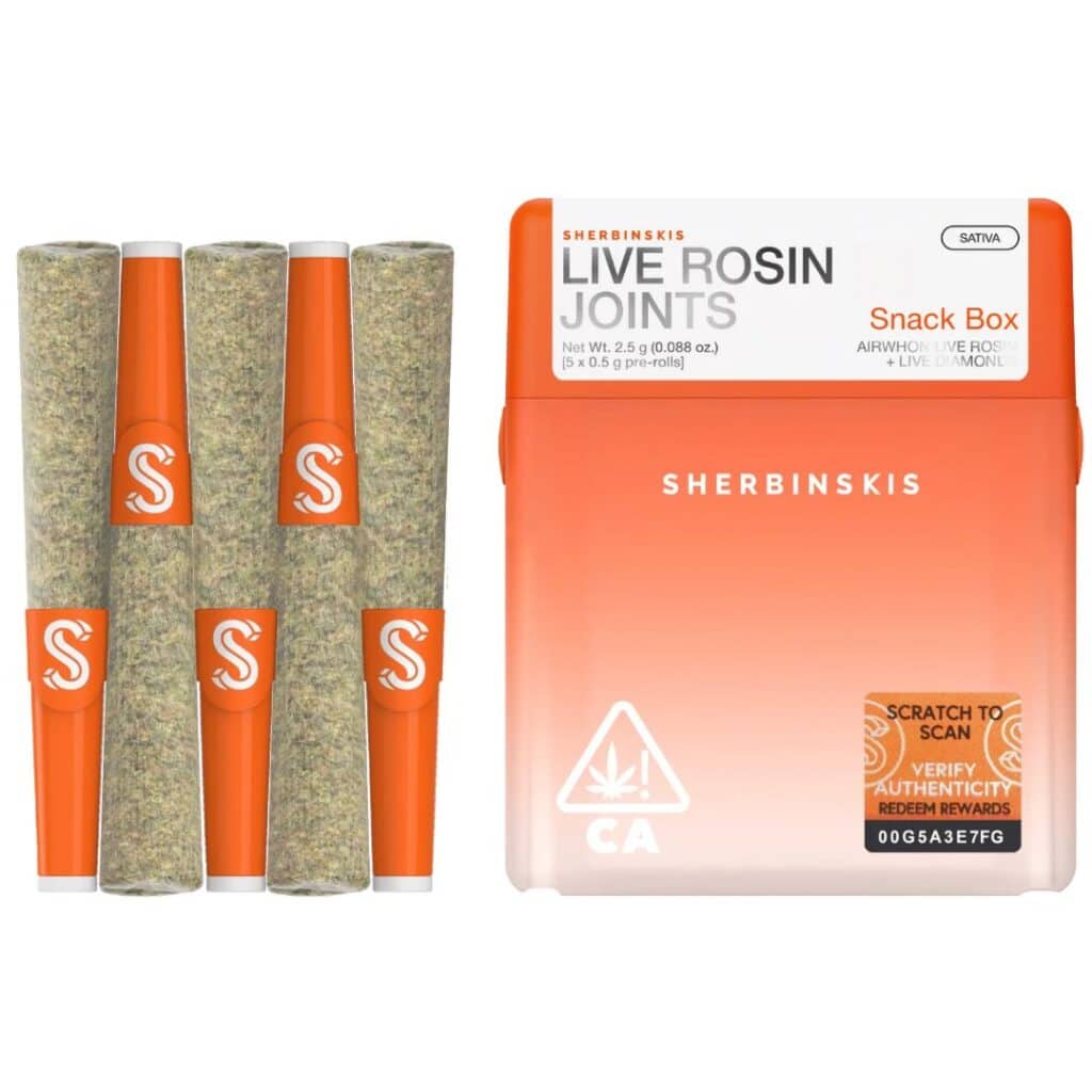 Sherbinskis THCa Live Rosin Infused Prerolls 2.5g 5ct Snack Box (F) + Airwhon (R) – Sativa