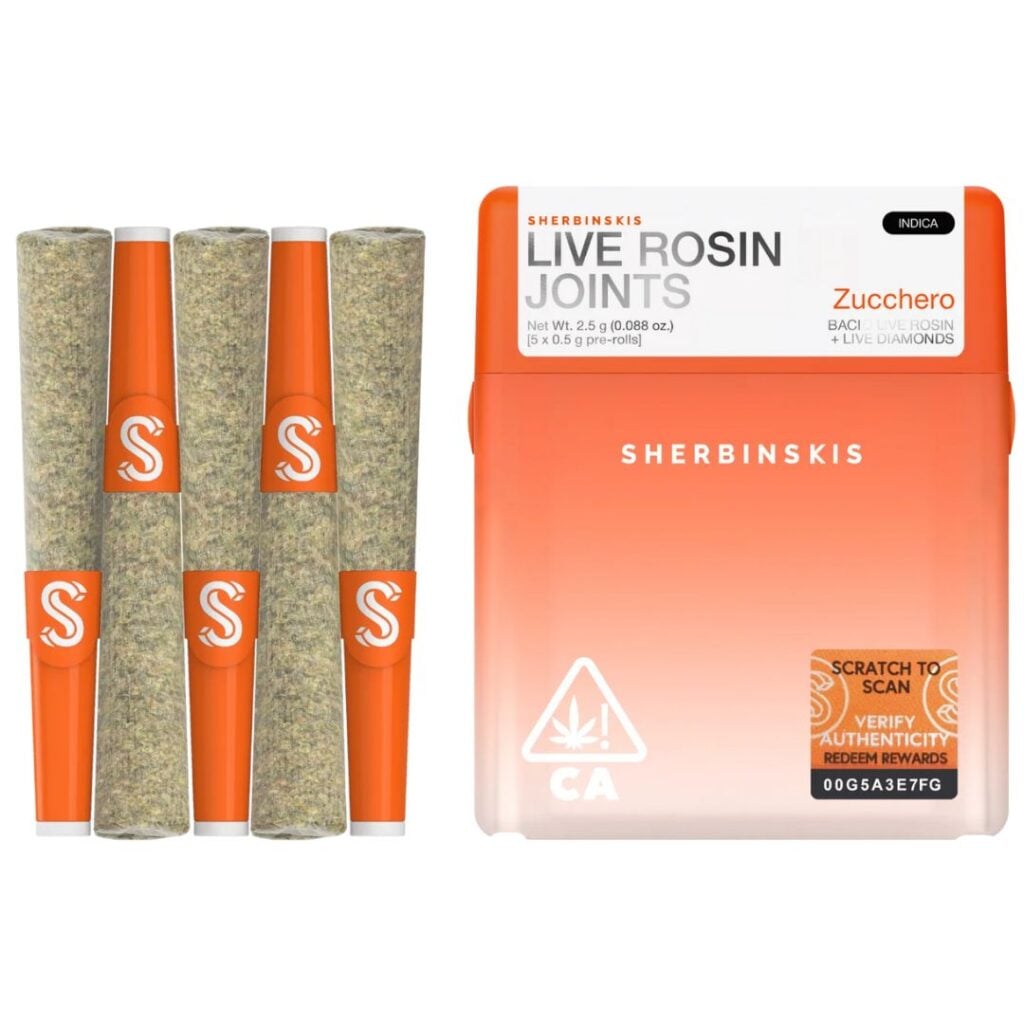 Sherbinskis THCa Live Rosin Infused Prerolls 2.5g 5ct Zucchero (F) + Bacio (R) – Indica